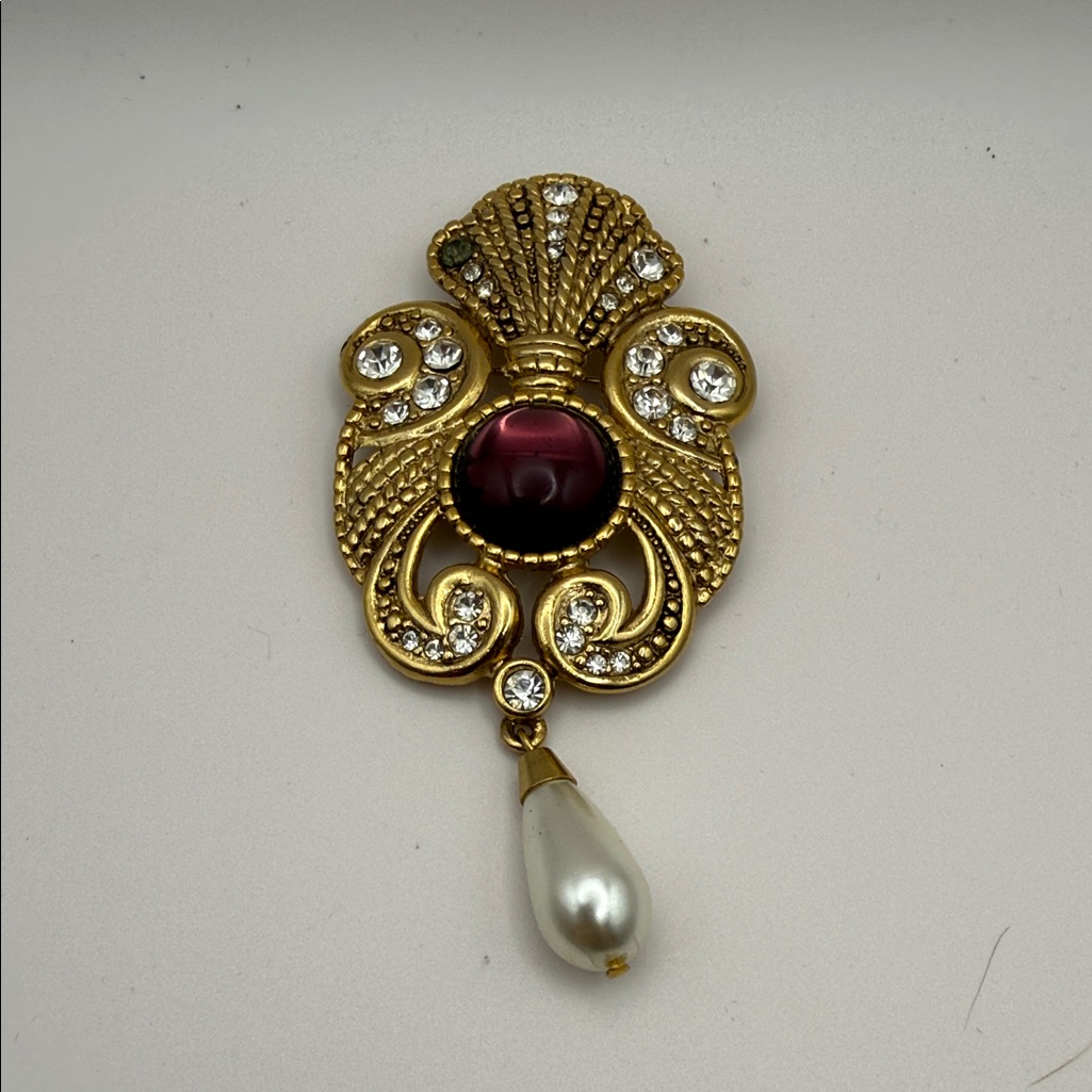 Elegant Gold And Red Brooch With Pearl Drop